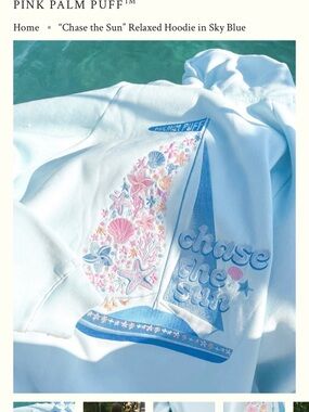 Pink Palm Puff "Chase the Sun" Relaxed Hoodie in Sky Blue.